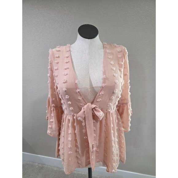 Kori America Pink Swiss Dot Textured Tie-Front Flowy Bell Sleeve Peplum Blouse T - Picture 1 of 5